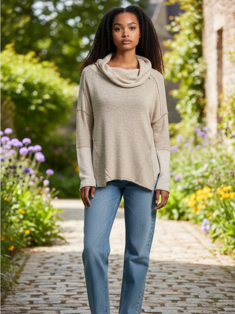 We the Free patchwork oatmeal cowl neck sweater, size S